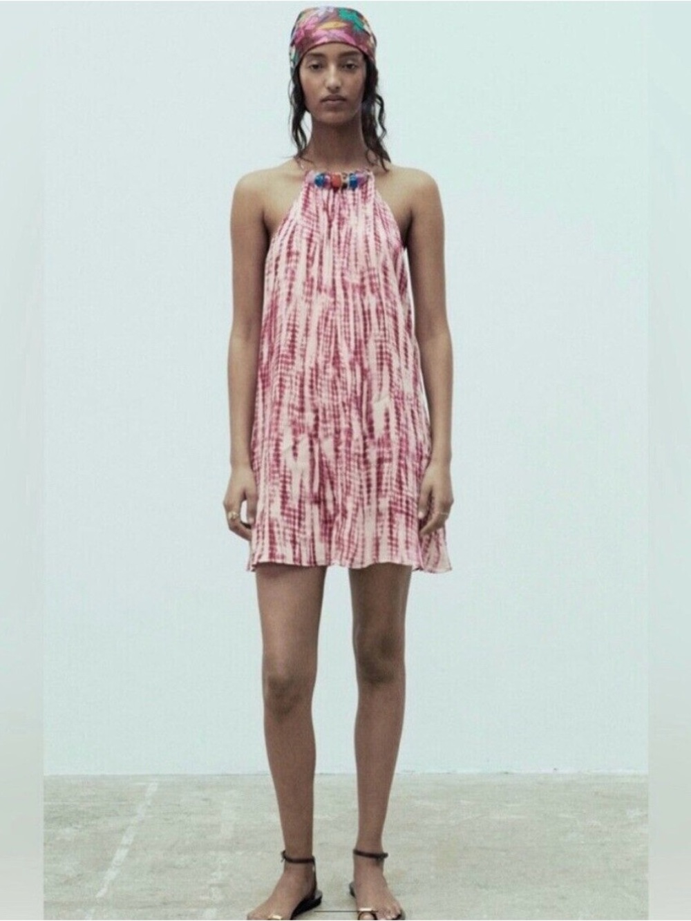 Zara Pink Tie-Dye Halter Mini Dress Size Small NWT